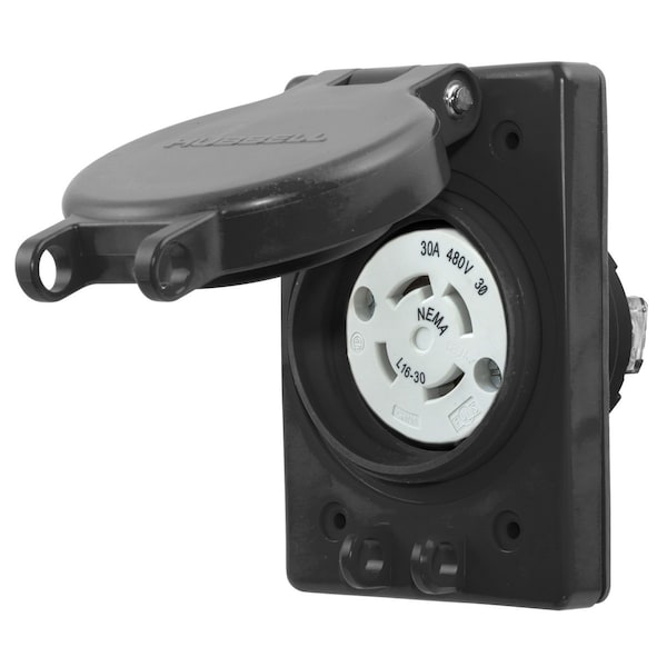 Watertight Devices, Twist-Lock Receptacle with Lift Cover, 30A, 3 Phase 480V AC, 3 Pole, 4 Wire, Thermoplastic elastomer, NEMA L16-30R, Black